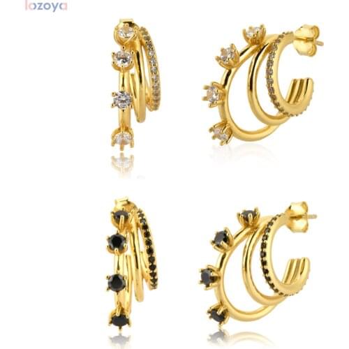 LOZOYA 925 Sterling Silver Gold Spinel CZ Black New 2021 Rock Three Triple Threat Circle Hoops Round Zircon Punk Jewelry