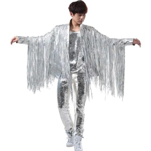 Nightclubs Mens Singing Bars DJ Rock Punk Silver Tassels Apparel Suits Leather Clothing Performance Costumes Men 2020