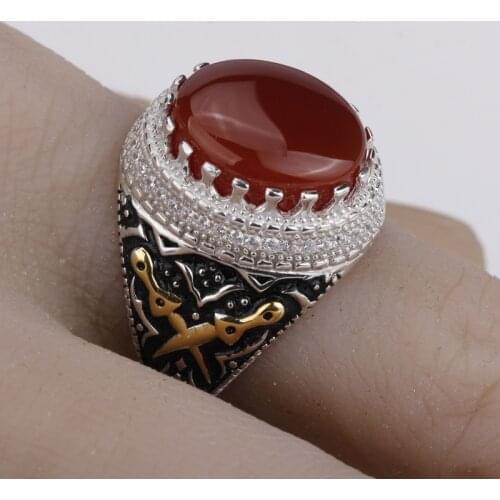 Men Ring Real 925 Sterling Silver Red Agate Stone with Double Sword Clear CZ Aqeeq Ring for Men Turkish Jewelry