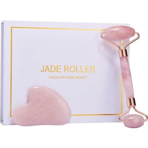 Jade Roller Rose GuaSha Scraping Massager Tool Set Natural Genuine Jade Stone Massage Roller for Face Lift Depuffing Eye Bags