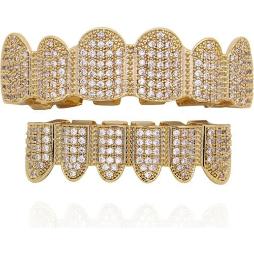 Lucky Sonny Gold Color Teeth Grillz Top & Bottom Iced 3A CZ Out Dental Grills Fake Teeth Caps Fashion Mouth Bijoux Free Shipping