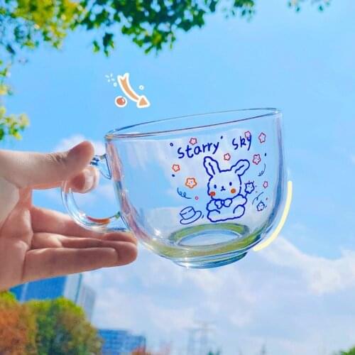 Glass Cup Cartoon Glass Cute Girl Heart Bunny Breakfast Cup Simple Transparent Large Capacity Water Coffee Cup-Star Rabbit
