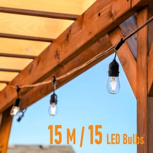 15M LED Bulbs Outdoor String Lights Waterproof IP65 Warm White Connectable Wedding Festoon Christmas Lights Party Garden Lights