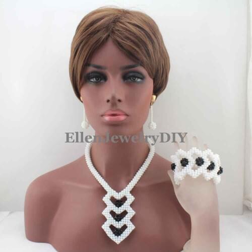 Fabulous Nigerian Crystal White/Black Beads Necklace Jewelry Set Handmade Pendent Wedding Jewelry Set Free Shipping W13419