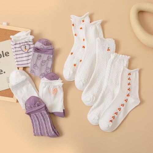Japanese Kawaii Strawberry Lace Ruffle Socks Womens Cute Harajuku Striped Pattern Lolita Socks Purple White Vintage Tabi Socks