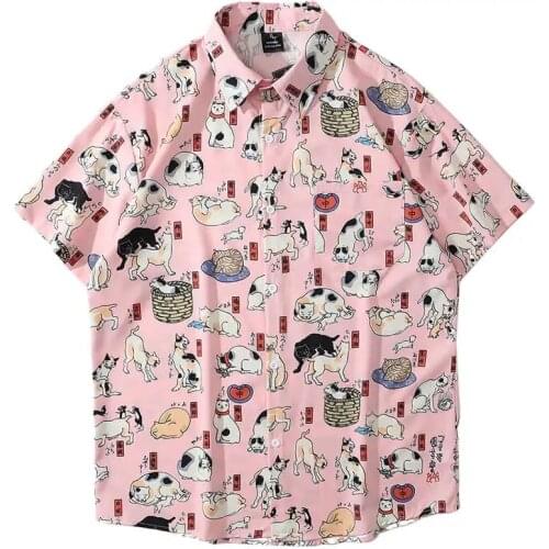 Pink Hip Hop Cat Print Shirt Girl Funny Summer Loose Shirt Women Korean Punk Print Tops Harajuku Clothes Short Sleeve Shirt
