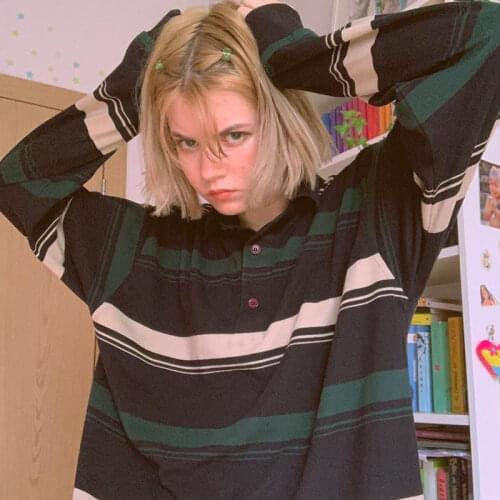 B-TOTO Retro Bm Style Striped Sweater Women Ins Loose Black Polo Lapel Long Sleeves 2021 New Fashion