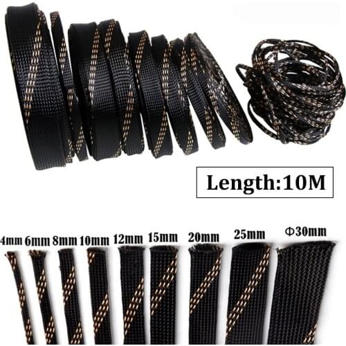 10M Black+Gold Insulation Braided Sleeves 4/6/8/10/12/15/20/25mm Wire Protection High Density Expandable Braided Sleeving Cable