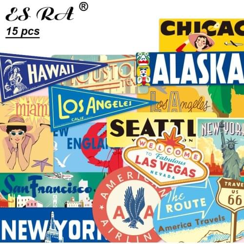 15 Pcs/Set 6~14cm Retro USA Cities Stickers Waterproof PVC Travel Stickers Toys laptop Pitcher Luggage Journal Decorate