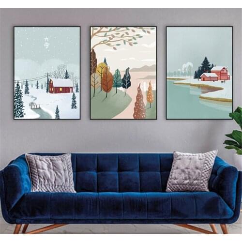 Abstract Scenery Pink Balloon Bicycle Animals Cat Bird House Snow Canvas Painting Wall Picture Poster Living Room Decoration