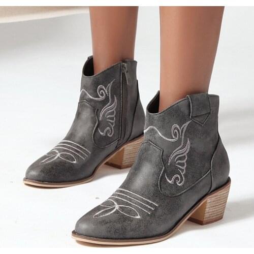 Ankle Boots PU Leather Embroidery Women Shoes 2020 Ladies Mid Heels Zipper Short Boots Female Autumn Fashion Plus Size Boots New