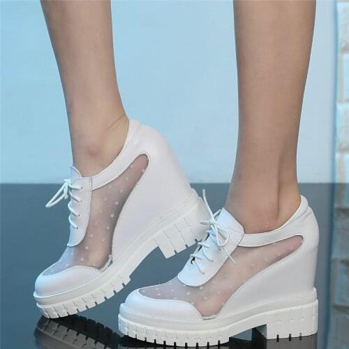 Summer Fashion Sneakers Women Genuine Leather High Heel Ankle Boots Female Breathable Lace Round Toe Platform Pumps Casual Shoes