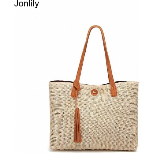 Jonlily Women Grass Weaving Bags Light Weight Beach Bags Teens High Capacity Handbag Totes Elegant Daily Purse -KG185