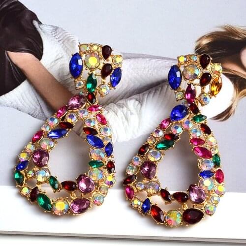 Wholesale ZA New Dangling Water Drop Shaped Long Earrings Studded With Colorful Crystal Pendientes Jewelry Accessories For Women
