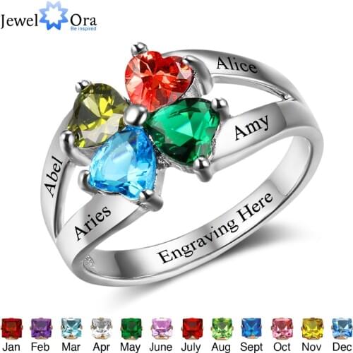 Anniversary Family Ring Engrave Name Custom 4 Birthstone Ring 925 Sterling Silver Heart Rings Gift For Mom (JewelOra RI102501)