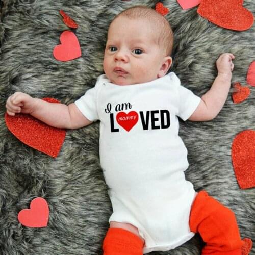I Am Mommy Loved Funny Newborn Baby Girls First Valentines Day Romper Outfit Infant Girl Short Sleeved Casual Jumpsuit Wholesale