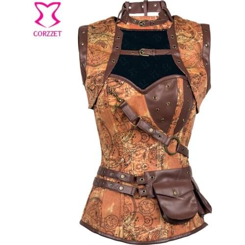 Brown Steel Boned Corsets And Bustiers Steampunk Costume Women Sexy Corset Jacket Vintage Gothic Clothing Corsetto Plus Size 6XL