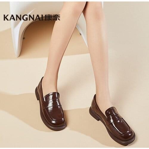 KANGNAI Loafers Women Leather Shoes Round Toe Lolita Penny Shoes Retro Slip-On Ladies Flats
