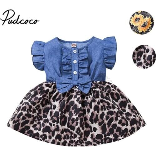 Toddler Patchwork Denim Dress, Baby Leopard/Sunflower Print Fly Sleeve Round Neck Ruffle Button Bowknot One-piece 18M-5T
