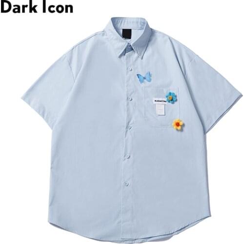 Dark Icon Floral Turn-down Collar Mens Shirt Summer Short Sleeved Shirts for Man