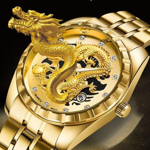 Wlisth Brand Quality Quartz Watch Exquisite 3D Carving Dragon Watch Men Clock Diamond Dial Luminous Man Watch Relogio Masculino