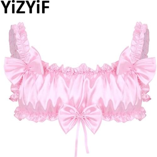 Mens Ruffled Crop Tops Sissy Pink Satin Crop Tops Lingerie
