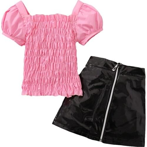 Childre Girls Clothing Outfits Clothes Short-Sleeved Tight Top+Half-length Leather Skirt Suit Set 2-7Y