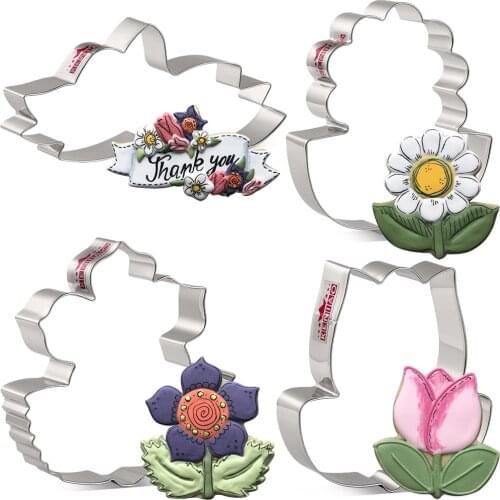 KENIAO Flowers Cookie Cutter Set For Mothers Day Party - 4 PS - Biscuit Fondant Sandwich Bread Cutters - Stainless Steel
