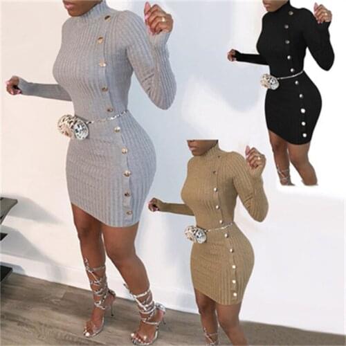 2021 Autumn European And American WomenS Pure Color Sexy Slim Single-Breasted Long-Sleeved Knitted Dress Women