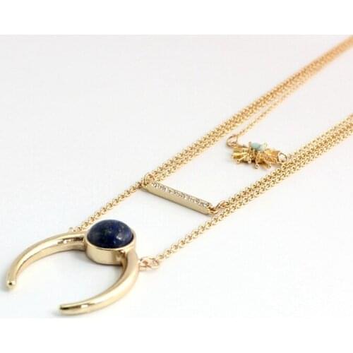 2016 New crystal jewelry bar Multilayers crescent horn pendant necklace circle natural stone long necklaces women