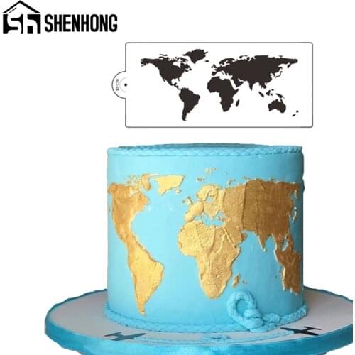 SHENHONG Kitchen PET Plastic Template Mold World Map Stencils For Cake Decoration Border Drawing Moulds Pastry Painting Tools