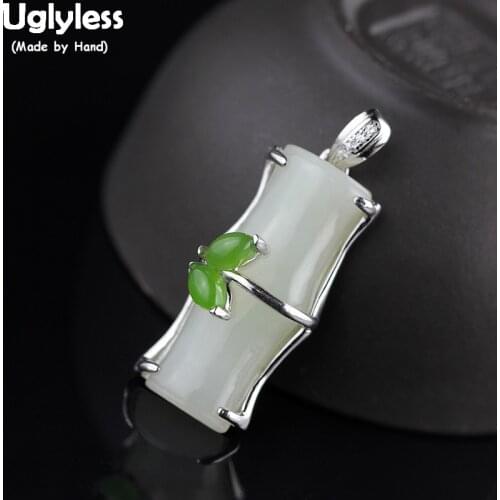 Uglyless Natural Jade Bamboo Pendants for Women Jasper Bamboo Leaf Necklaces NO Chains 925 Silver Fine Jewelry Gemstones P869