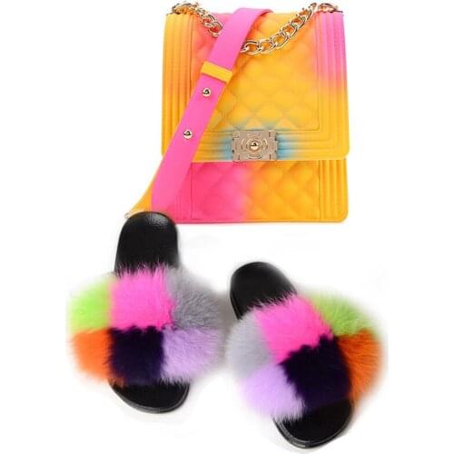 Casual Women Fluffy Rainbow Fur Slippers Combination Splendid Beach Jelly Satchel Ladies Furry Plush Fur Slides Purse Shoes Sets