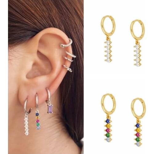 Rainbow Crystal Hanging Huggies Hoops Earrings for Women Boho Classic 925 Sterling Silver Charming CZ Earrings Thin Hoops Gift