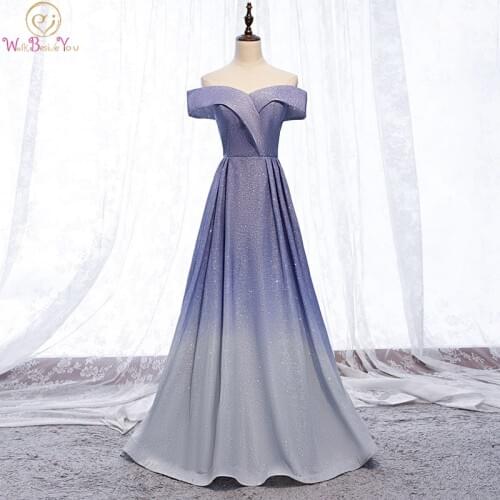Blue Evening Dresses Bling Sparkle Gradient Color Pink Gray Elegant Reflective A Line Off Shoulder Long Prom Gowns Formal School