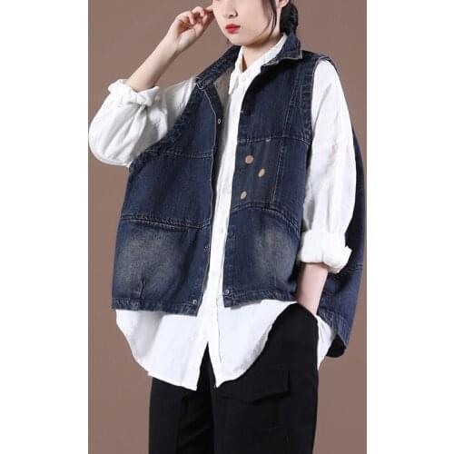 Spring 2021 New Female Korean Cowboy Waistcoat Loose Large Size Literary Vintage Polka Dot Printed Denim Vest Short Jacket zh133