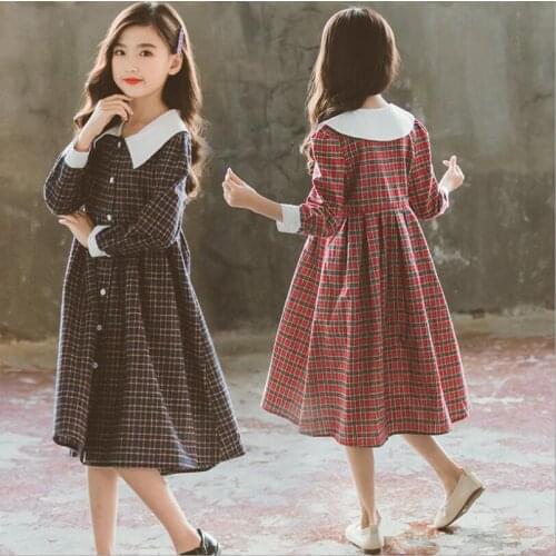 Vintage blue/red plaid long sleeve kids dresses for girls clothes Spring fall toddler dress white turn-down collar school dress