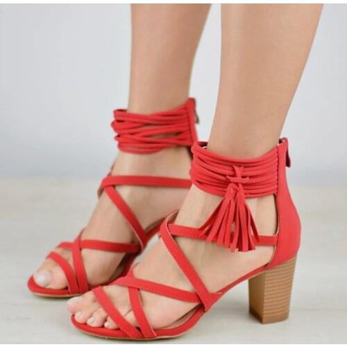 Women Platform Sandals 7.5m High Chunky Spike Heel Flock Ankle Strap Cross Tied zip Summer Black Red Lady Sandals SIZE 32-48 L-8