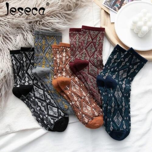 Jeseca New Vintage National Style Women Crew Socks Warm Autumn Winter Stereo Diamond Plaid Jacquard Combed Cotton Long Socks