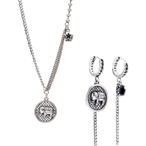 925 Sterling Silver Elephant Round Disc Thai Silver Jewelry Sets Vintage Hoop Earring Necklace For Women Daily Jewelry Set