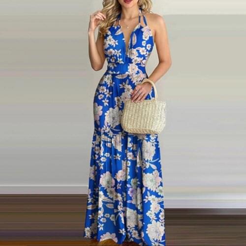 Women Dress Sexy Open Back Floral Print Halter Summer Backless Large Hem Dress for Beach Holiday Halter Sleeveless Long Dress