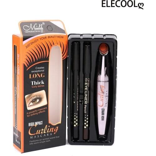 ELECOOL Professional 3pcs/set Waterproof Curled 3D Mascara With Long lasting Black Brown Eye lip Liner Eyeliners Make Up Set