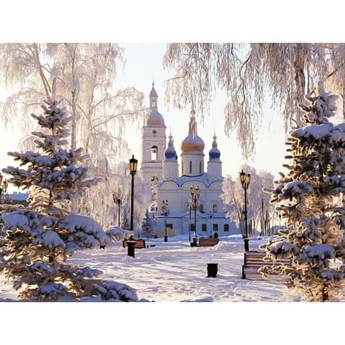 5D DIY Diamond Painting Church Winter scenery Full Drill Diamond Embroidery Snow Landscape Mosaic Picture Of Rhinestones Decor