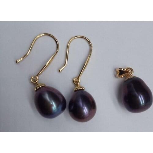 AAA 8-10 Mm South Sea Natural Black Pearl Earring + Pendant 14K 2 pieces