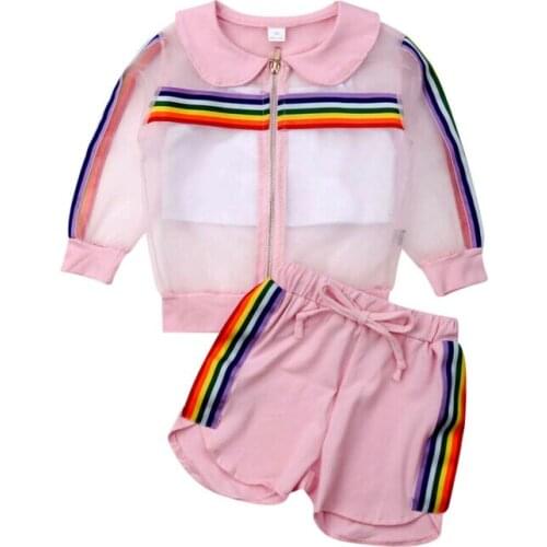 Brand Children Summer Clothing Toddler Kids Baby Girl Mesh Coat+Vest+Pants Outfit 3Pcs Sunsuit Colorful Rainbow Striped Set