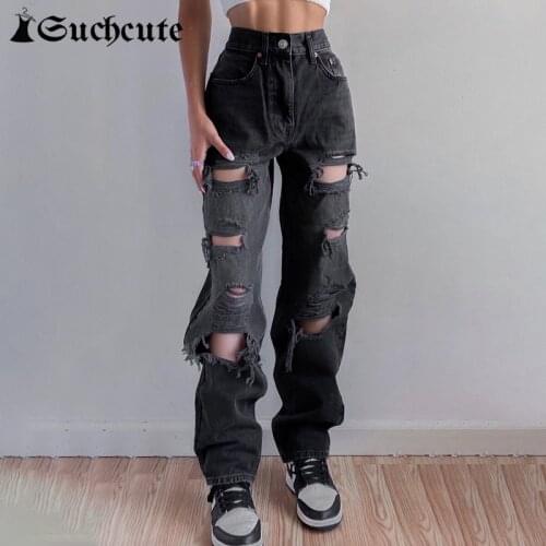SUCHCUTE Hole Black Hip Hop Pants Women Harajuku Casual Baggy Jeans Hight Waist Aesthetic Denim Trouser Streetwear Female Korean