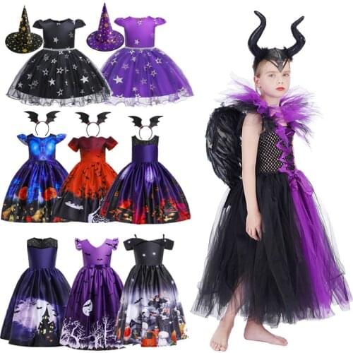 Childrens Halloween Kids Vampire Costume Girls Dress Maleficent Evil Queen Printed Ball Gown Festival Party Princess Dress