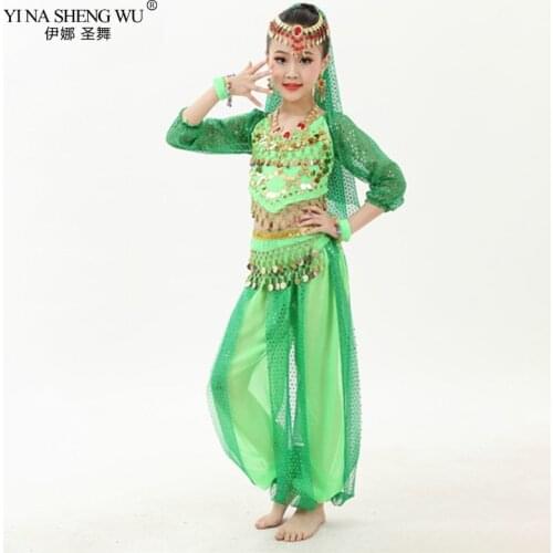 Child Oriental Belly Dance Costumes 4pcs 8 colors Competition Kids Outfits Girls Indian Dance Long Sleeves Top Pants Head Veil