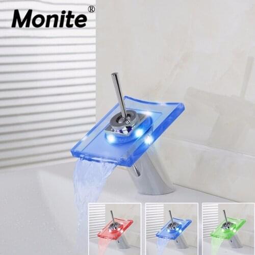 LED RGB Chrome Bathroom Faucets,Mixers & Taps Single Handle 1 Holes Bathroom Waterfall Chrome Basin Faucet