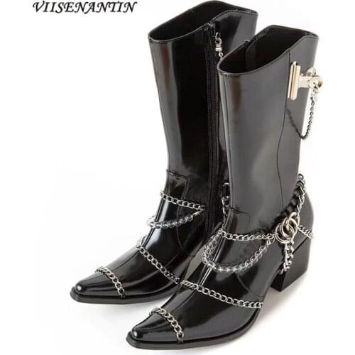 Cool Girl Mid-tube Boots 2021 New Chain Beaded Decoration Personalized Pointed Toe Genuine Leather High-heeled Knight Boots